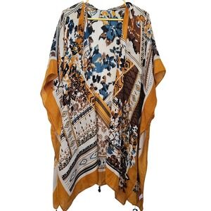 Boho Mixed Floral Geometric Patchwork Kimono‎ Wrap Tassel Trim Mustard Blue OS